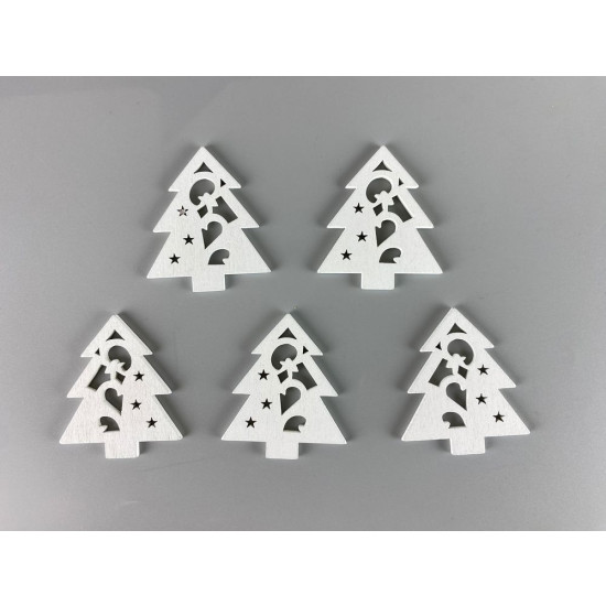 Дерев'яна ялинка з зірками і фігурами 5 х 6см, біла, 5шт (TK-029)