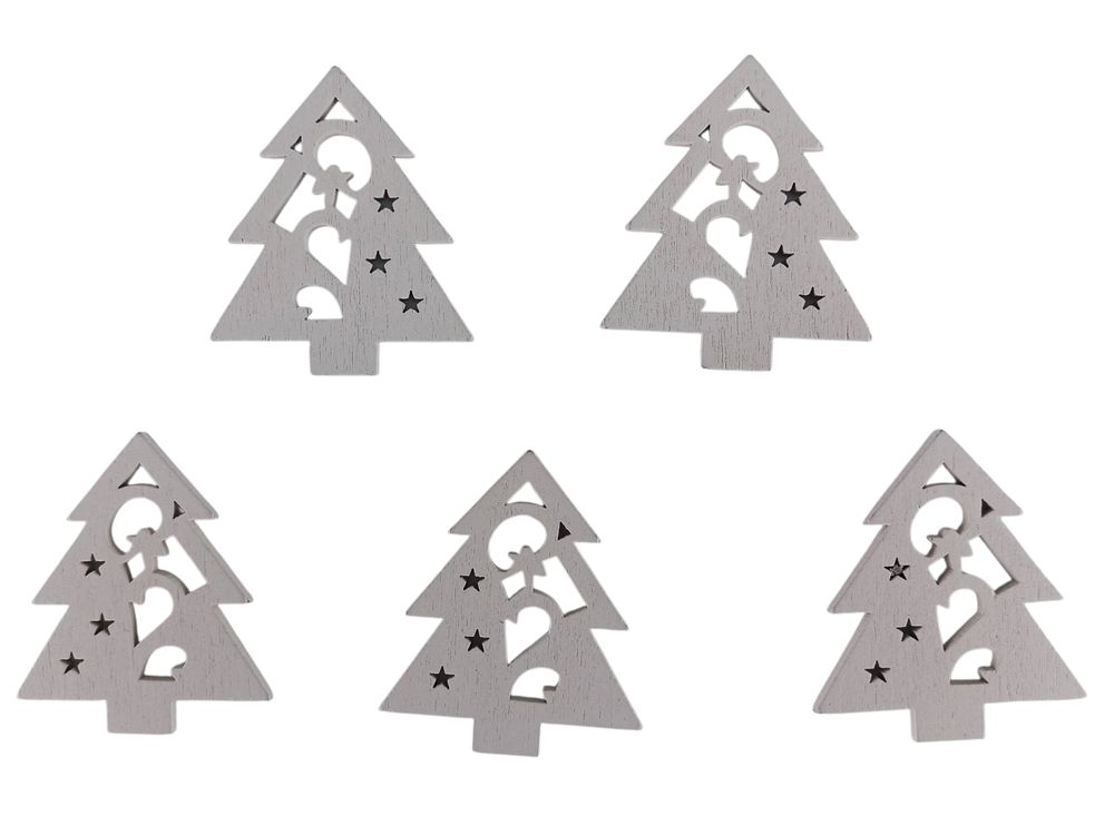 Дерев'яна ялинка з зірками і фігурами 5 х 6см, біла, 5шт (TK-029)