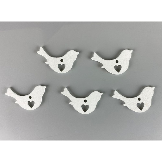 Дерев'яна пташка з сердечком 5 х 6см, біла, 5шт (TK-022)