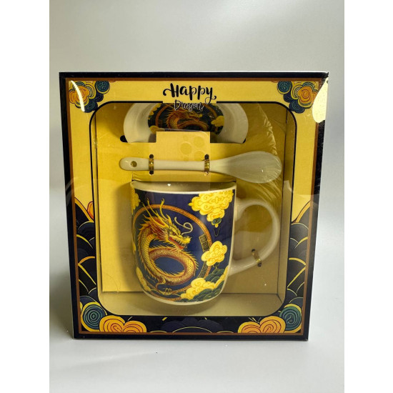 Чашка керамическая 350мл "Дракон" с блюдцем, ложкой, 4 вида Разноцветный Unison (НК-2019)