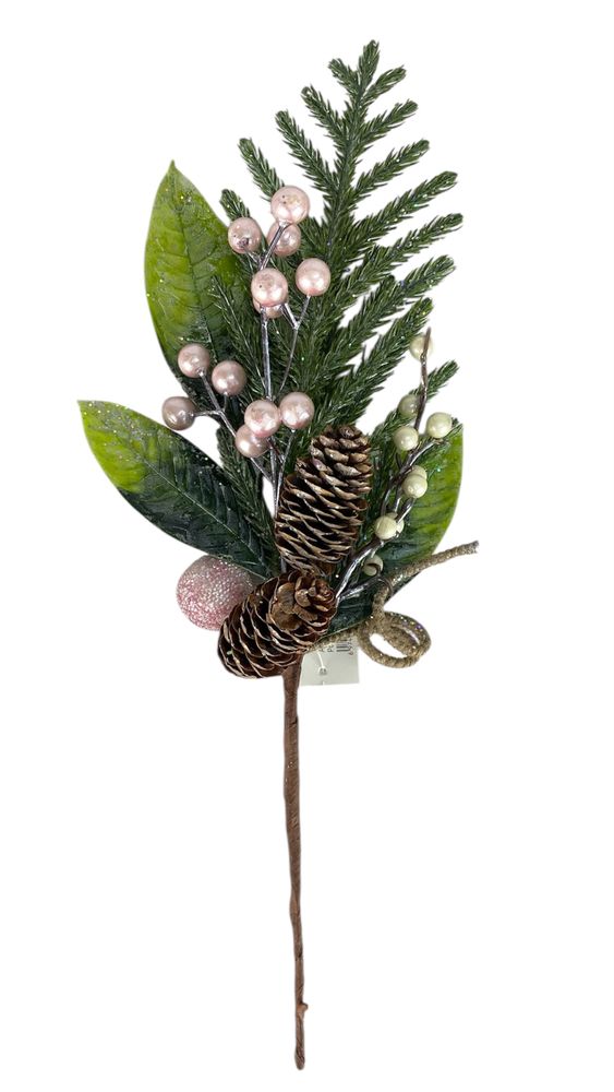 Новогодняя ветка 40см, зеленая с шишками и розовыми ягодками (с30596)