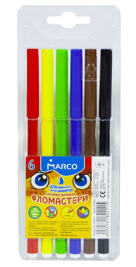 Фломастери "Marco" 6 кольорів 1,00 мм (легко змиваються) (1690-06FM)