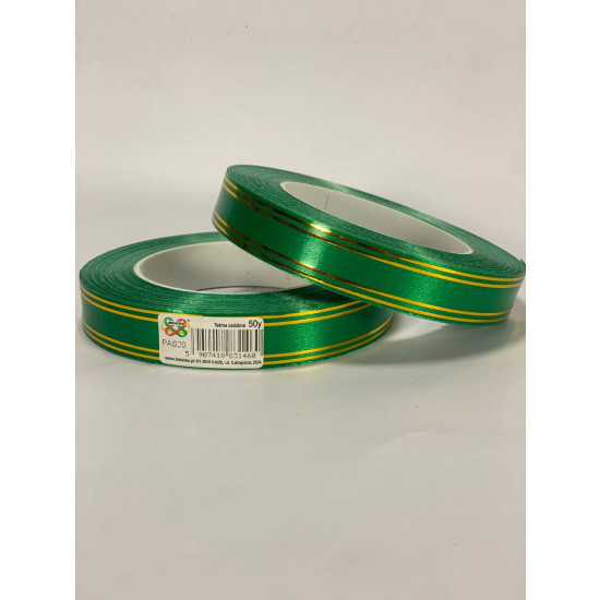Стрічка пластикова 2см, 50 ярд,  зелена + 2 золоті смужки (PAS20 -2 green)