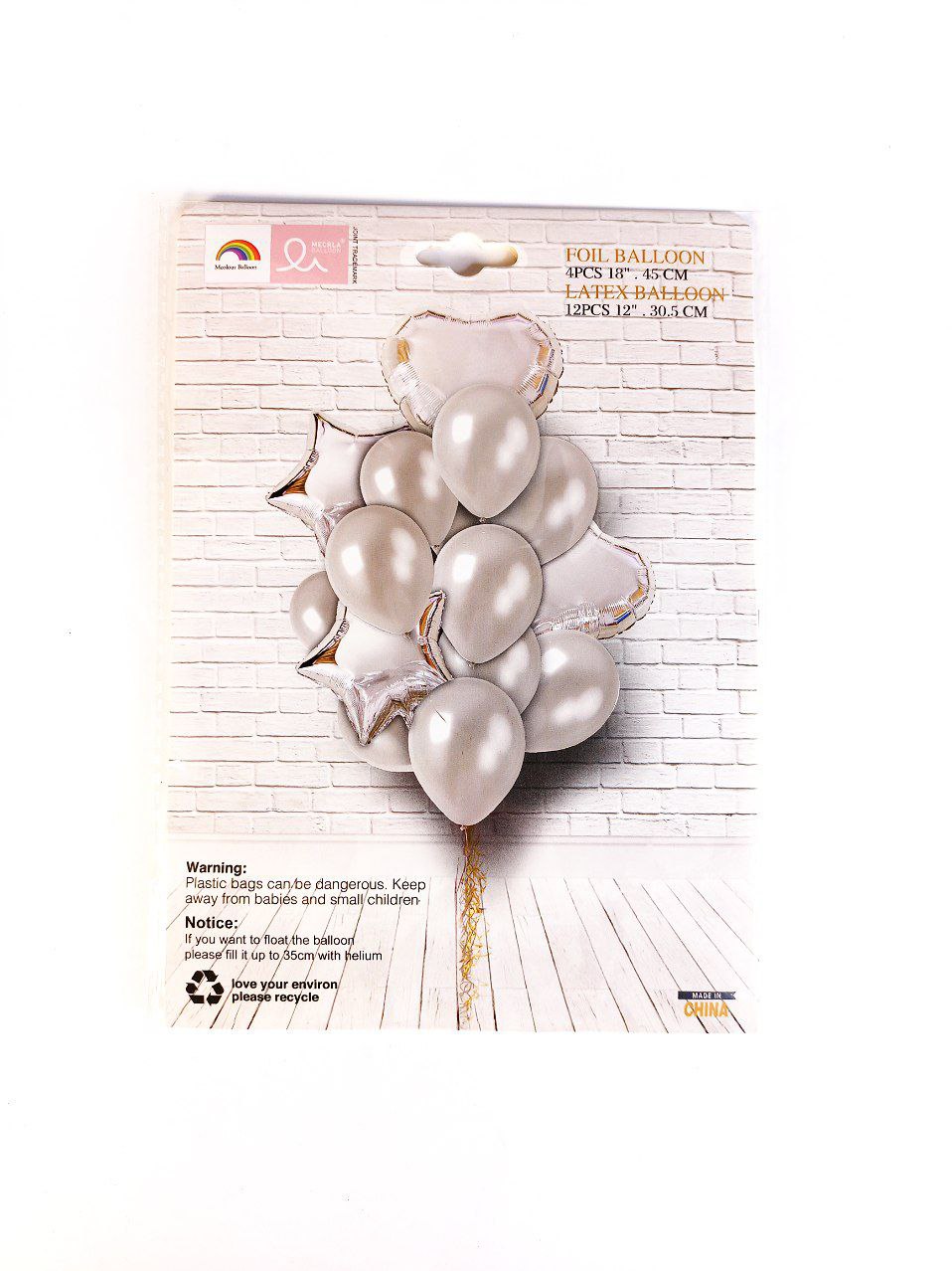 Набір з 16 кульок - 4 фольгованих "18" 45 см та 12 латексних "12" 30,5 см, Срібло Срібний Pelican (K-521 silver)