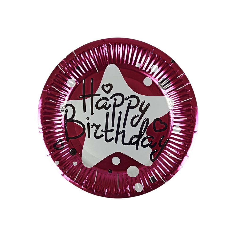 Тарілки одноразові картонні фольговані 18см   10 штук в пачці, зірка Happy birthday Рожевий Без бренду (10147 raspberry)