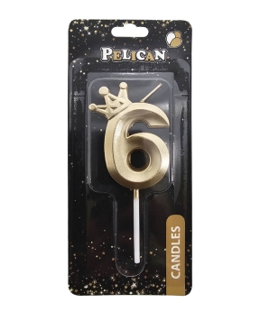 Свеча цифра 3D с короной "6", золото 6см (863106)