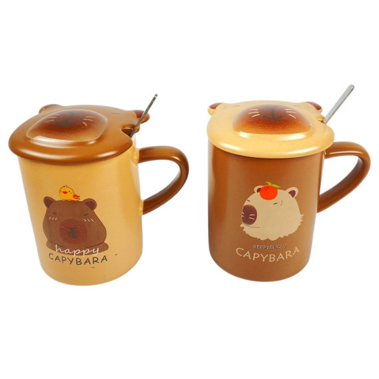 Чашка керамічна 400 мл "Капібара" з кришкою, металевою ложкою, 4 види (9675)