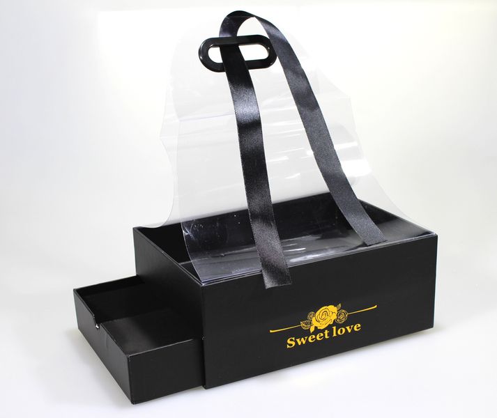 Коробка D017S-4 подарункова прямокутна FlowerBox з ящичком для цукерок та пластиковою ручкою, чорна, 25x18x10cm (D017S-4)