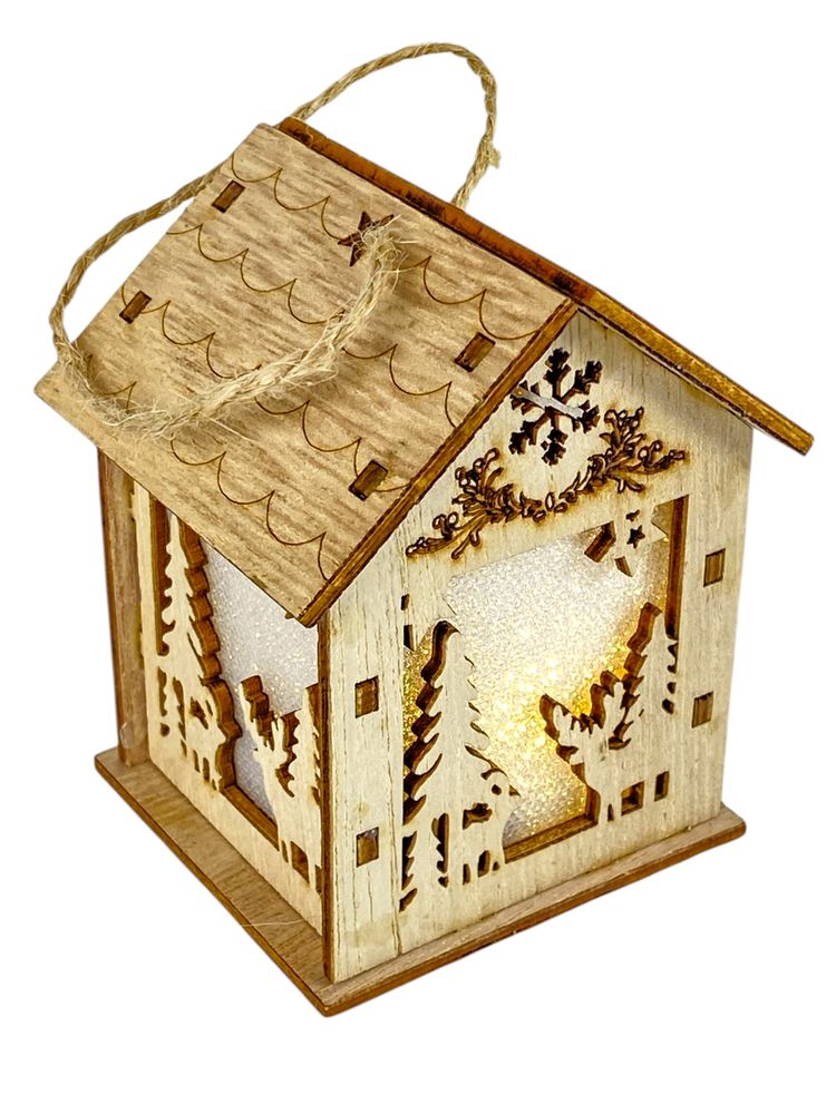 Деревянный подвес Домик с подсветкой с оленями 6 х 6 х 8см (L00413.2)