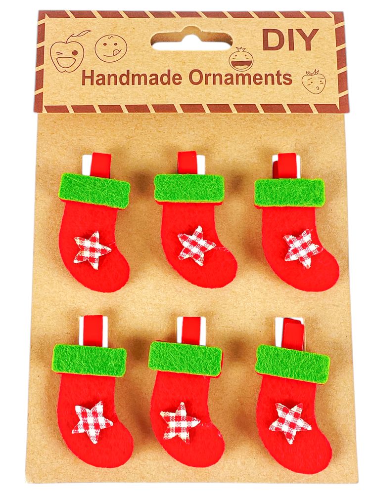 Деревянные прищепки новогодние носки для подарков 4,5см - 6шт (L00417.2)