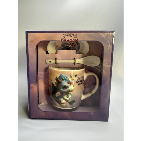 Чашка керамическая 350мл "Дракончик" с блюдцем, ложкой, 4 вида Разноцветный Unison (НК-1988)