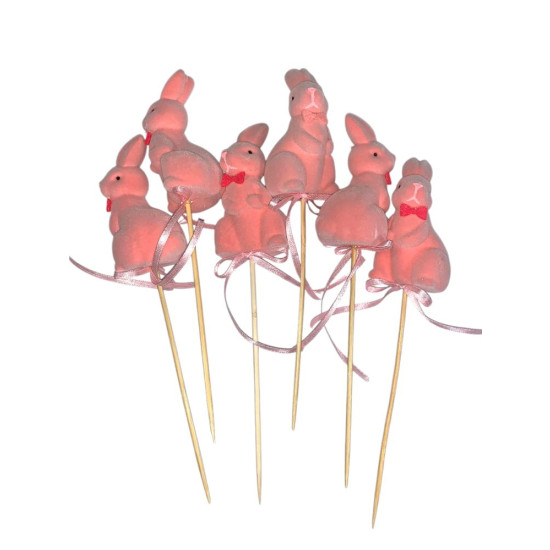 Набір  великодніх оксамитових  кроликів 8 х 4см -6шт на паличці (L00162 pink)
