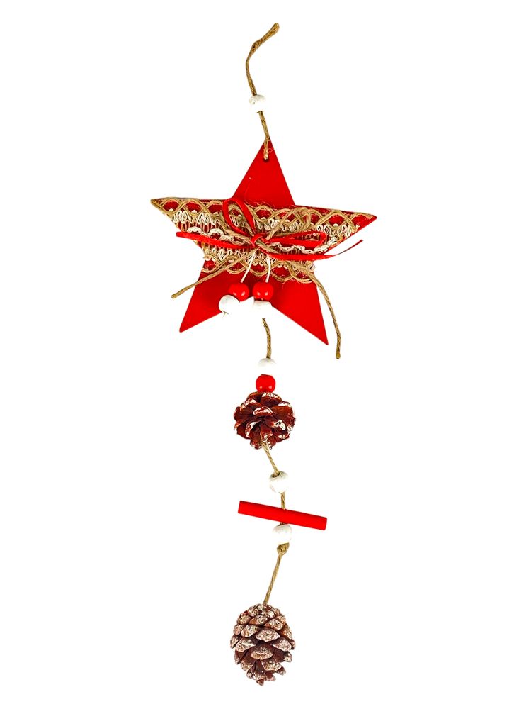 Деревʼяна підвіска зірка червона з шишками 12 х 12 см (L00410.11)