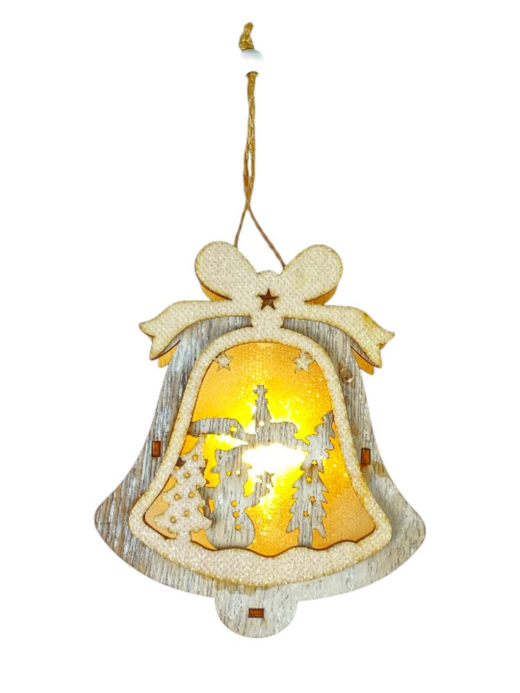 Деревянная подвеска Колокольчик-подсветка со сніговиком 12 х 10 х 2см (L00412.2)