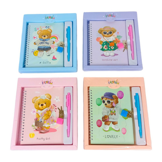 Блокнот з замком металевим 13 х 18см  + ручка кулькова "Ведмедик" 48аркушів у коробці, 4 види Різнокольоровий Без бренду (36962-А)