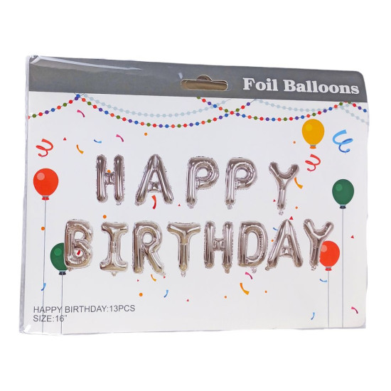 Набор из 13 шариков, HAPPY BIRTHDAY 16', серебро (10433)