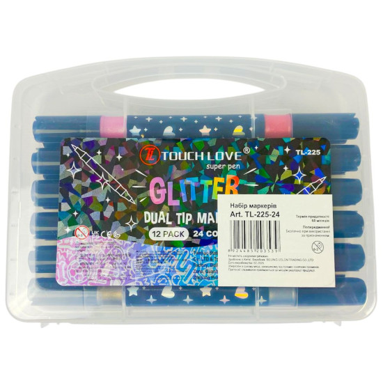 Набор маркеров-кисти двухсторонних с глитером, 12шт (24 цвета), в пластиковом футляре (TL-225-24)