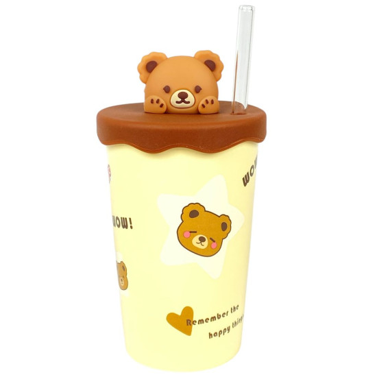 Стакан керамический 450мл с силиконовой крышкой и трубочкой "Медведь" (513)