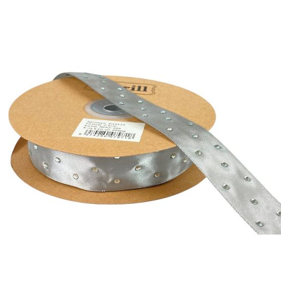 Атласна стрічка 2,5см х 18м зі стразами сіра (D19125-A2-106)