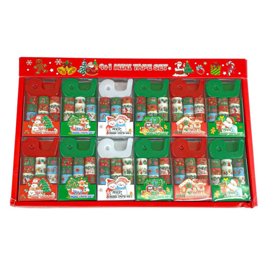 Набор лент декоративных бумажных Washi 9шт 1,5см х 1м с диспенсером, Новогодние (CH9+1)