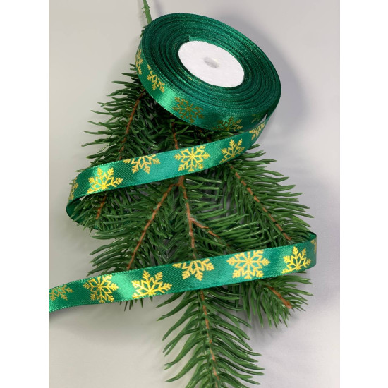 Лента атласная новогодняя Снежинки 12мм х 22м Зеленый Unison (D13512 green)