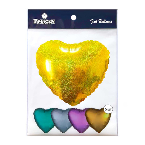 Шарик фольгированный PELICAN 18' СЕРДЦЕ ГОЛОГРАММА БЛЕСК ЗОЛОТО 45см, 5шт/уп Золотой Pelican (833651)