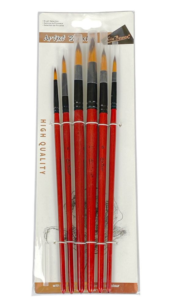 Набір пензликів синтетика 6шт №2,4,6,8,10,12 дерев'яні ручки, круглі (HB3460B)