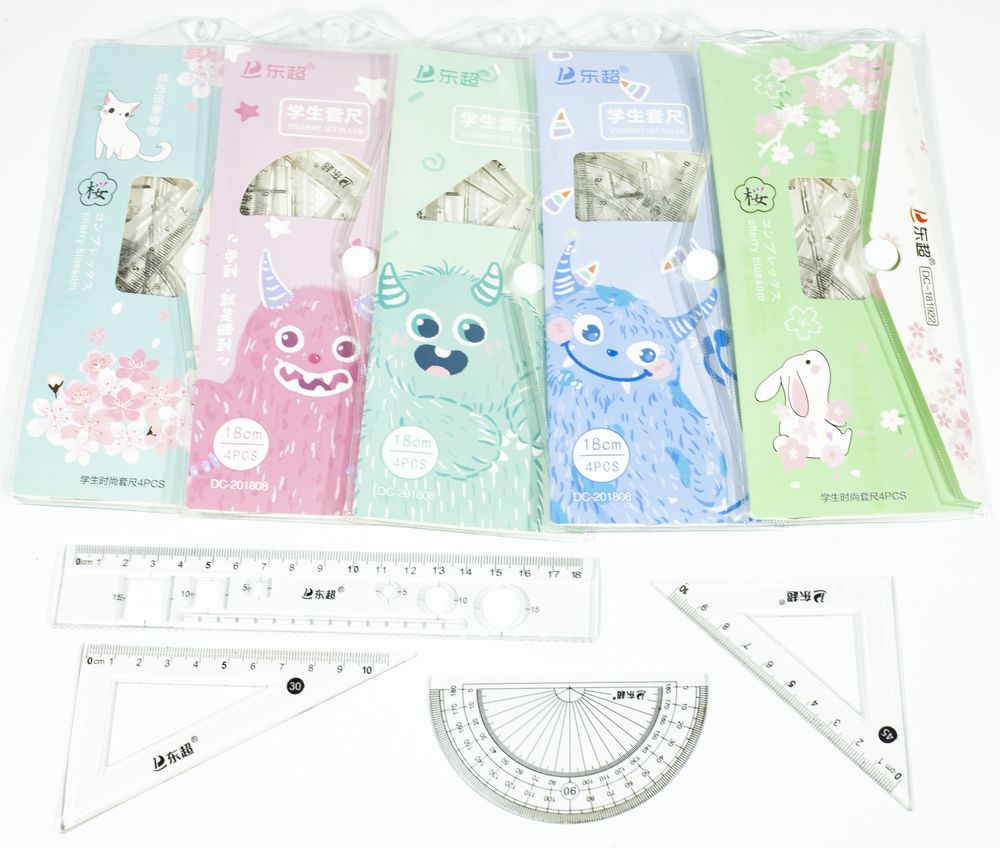 Набор линеек в конверте на кнопке. 4 предмета: линейка 18 см, 2 уголка, транспортир, mix (DC-181922)