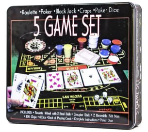 Игра настольная 5 в 1 "Рулетка, Крепс, Покер, Блэк-Джек, Poker Dice" в металлической коробке Unison (23869-5)