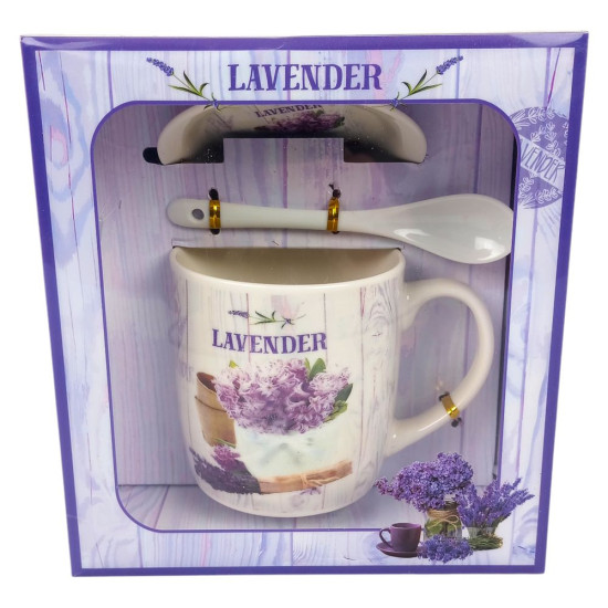 Чашка керамічна 350мл "Лаванда" з блюдцем та ложкою 4 види (1390)