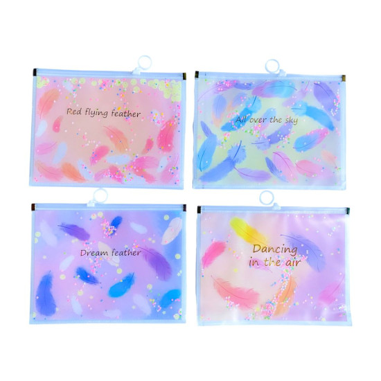 Папка для зошитів А5+ на блискавці "Сипучі блискітки-Пір'я" 24 х 18,5см (152)