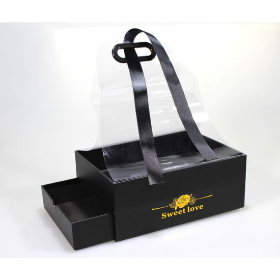 Коробка D017S-4 подарункова прямокутна FlowerBox з ящичком для цукерок та пластиковою ручкою, чорна, 25x18x10cm (D017S-4)