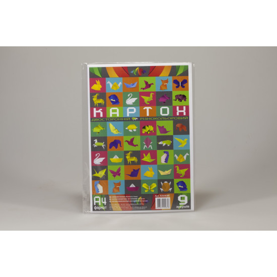 Картон двосторонній різнокольоровий, набір 9 аркушів А4, в п/п пакеті (KA4409E)