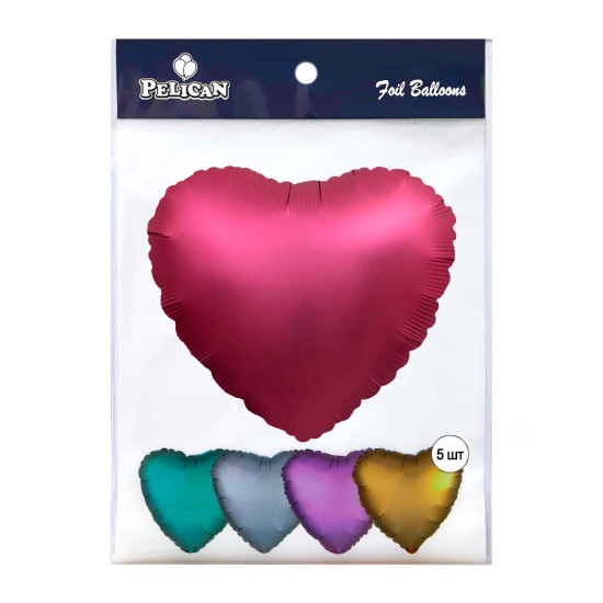 Шарик фольгированный PELICAN сердце 10' (25см), САТИН БОРДОВОЕ, 5шт/уп Красный Pelican (833749)