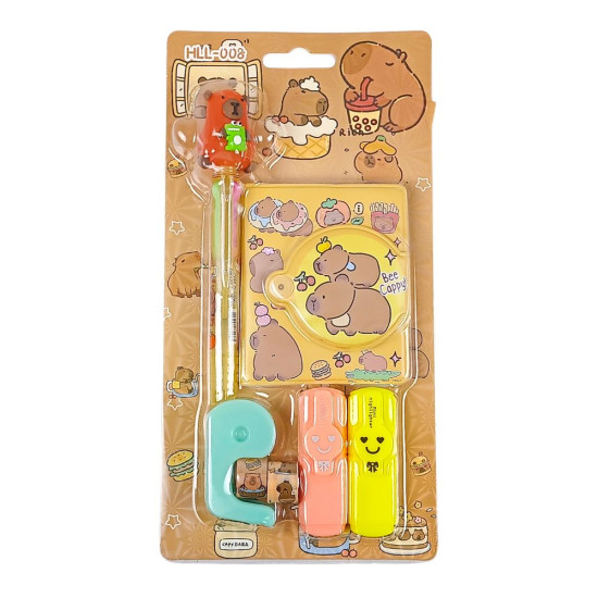 Набір блокнот 8 х 7см 65 аркушів, ручка ,маркер 2шт,скотч  2шт, диспенсер "Капібара" 2 види (008-СВ)