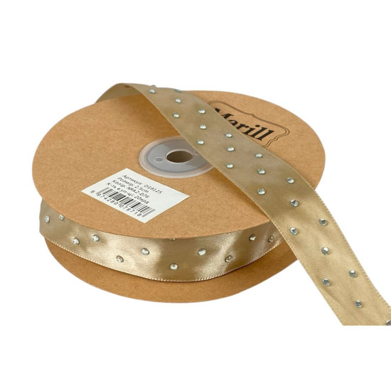 Атласна стрічка 2,5см х 18м зі стразами бежева (D19125-A2-076)