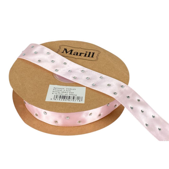 Атласная лента 2,5см х 18м со стразами бледно-розовая (D19125-A2-010)