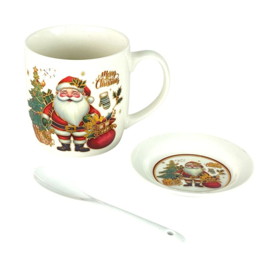 Чашка керамическая 350мл "Санта Клаус с мешком подарков-золотой обводки" с блюдцем, ложкой (Q-40-B)