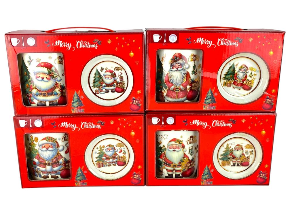 Чашка керамическая 350мл "Санта Клаус с мешком подарков-золотой обводки" с блюдцем, ложкой (Q-40-B)