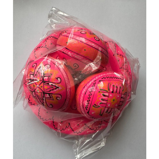 Набір декоративних дерев'яних писанок на тарілці з традиційним орнаментом (L-001  pink)