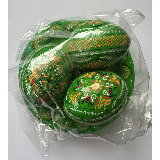 Набір декоративних дерев'яних писанок на тарілці з традиційним орнаментом (L-001  green)