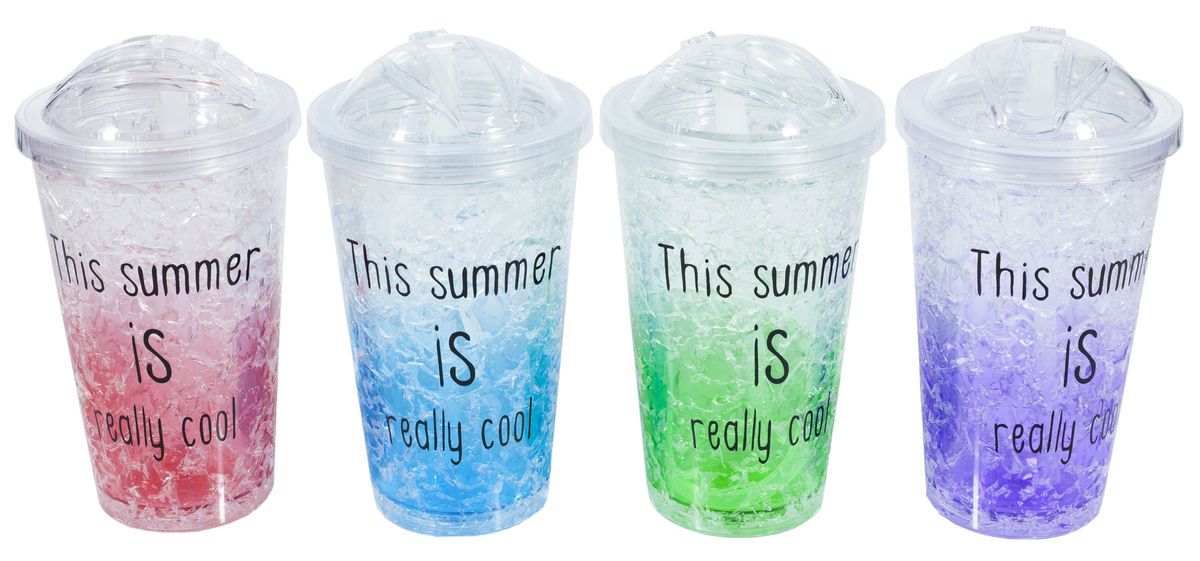 Термо-стакан  450мл "Ледяной " пластиковый с крышк,труб.,4цв, LZ-0322 (LZ-0322)