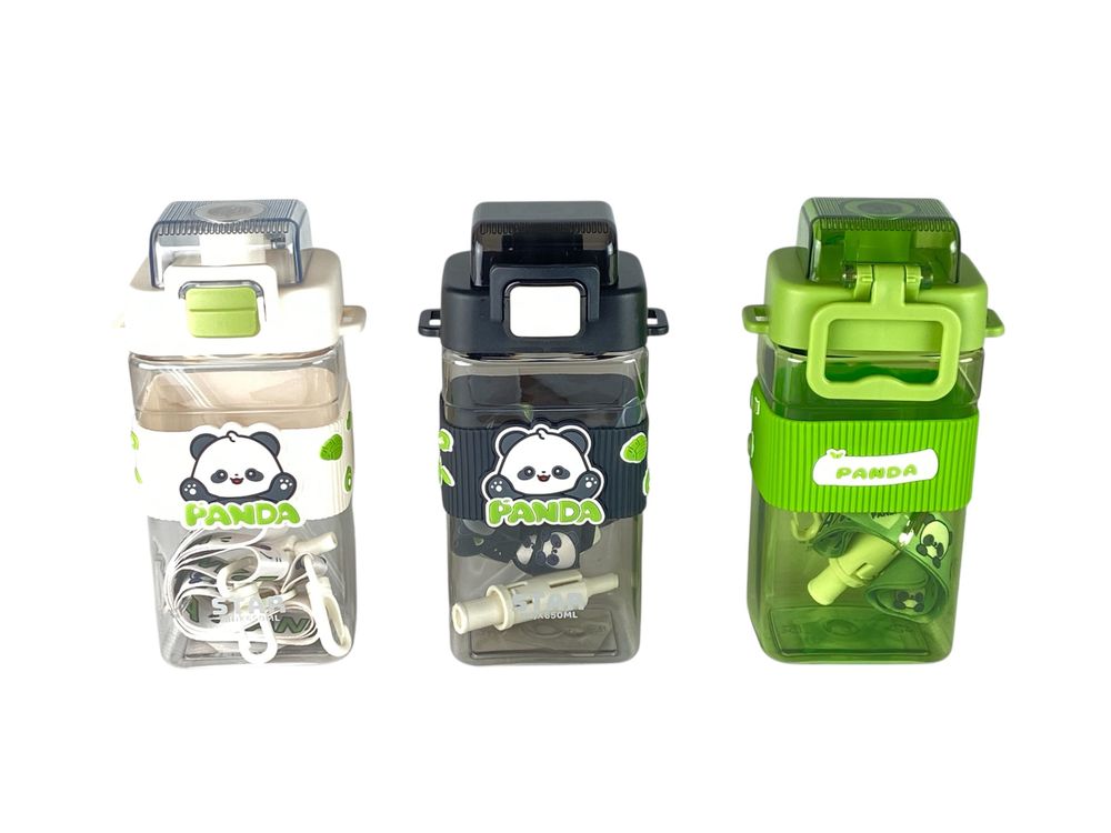 Бутылка для воды 650мл с трубочкой, на веревке Панда (95508)