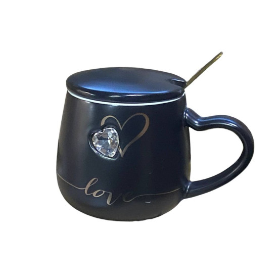 Чашка керамічна 400мл "Серце стрази" з кришкою, ложкою (042)