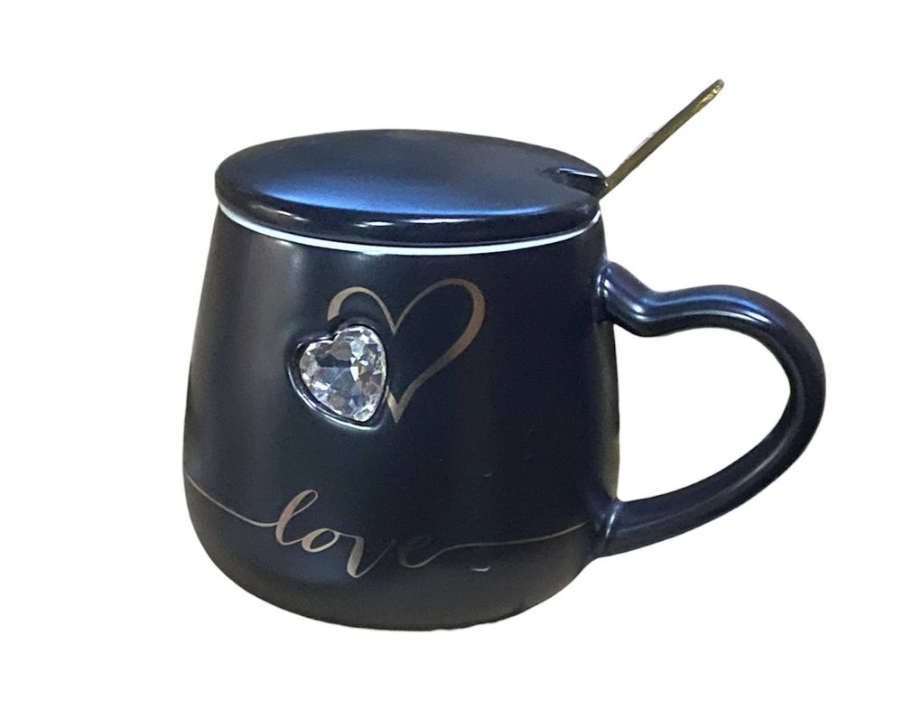 Чашка керамічна 400мл "Серце стрази" з кришкою, ложкою (042)