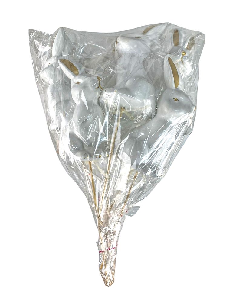 Набір білих з золотом  великодніх кроликів  см -6шт на паличці (L00166)