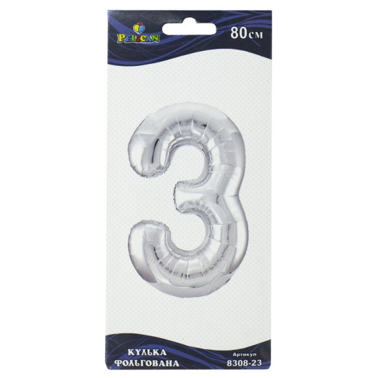 Цифра фольгированная Pelican, "3" СЕРЕБРО 80см Серебряный Pelican (830823)