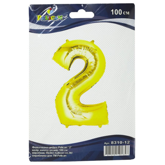 Цифра фольгированная Pelican, "2" ЗОЛОТО 100см, Золотой Pelican (831012)
