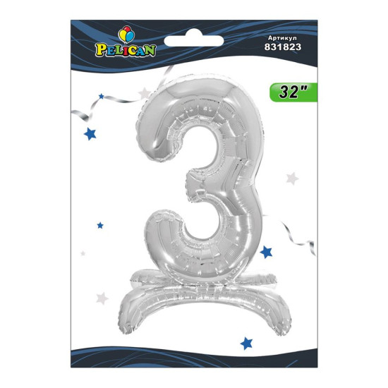 Цифра фольгированная на подставке Pelican "3" СЕРЕБРО 80см Серебряный Pelican (831823)