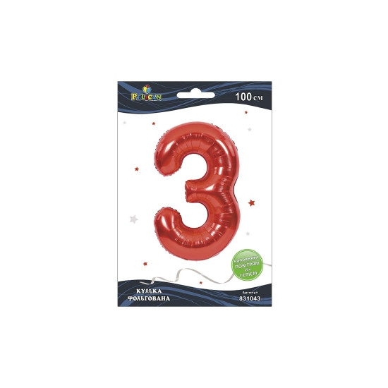 Цифра фольгированная Pelican, "3" КРАСНАЯ 100см Красный Pelican (831043)